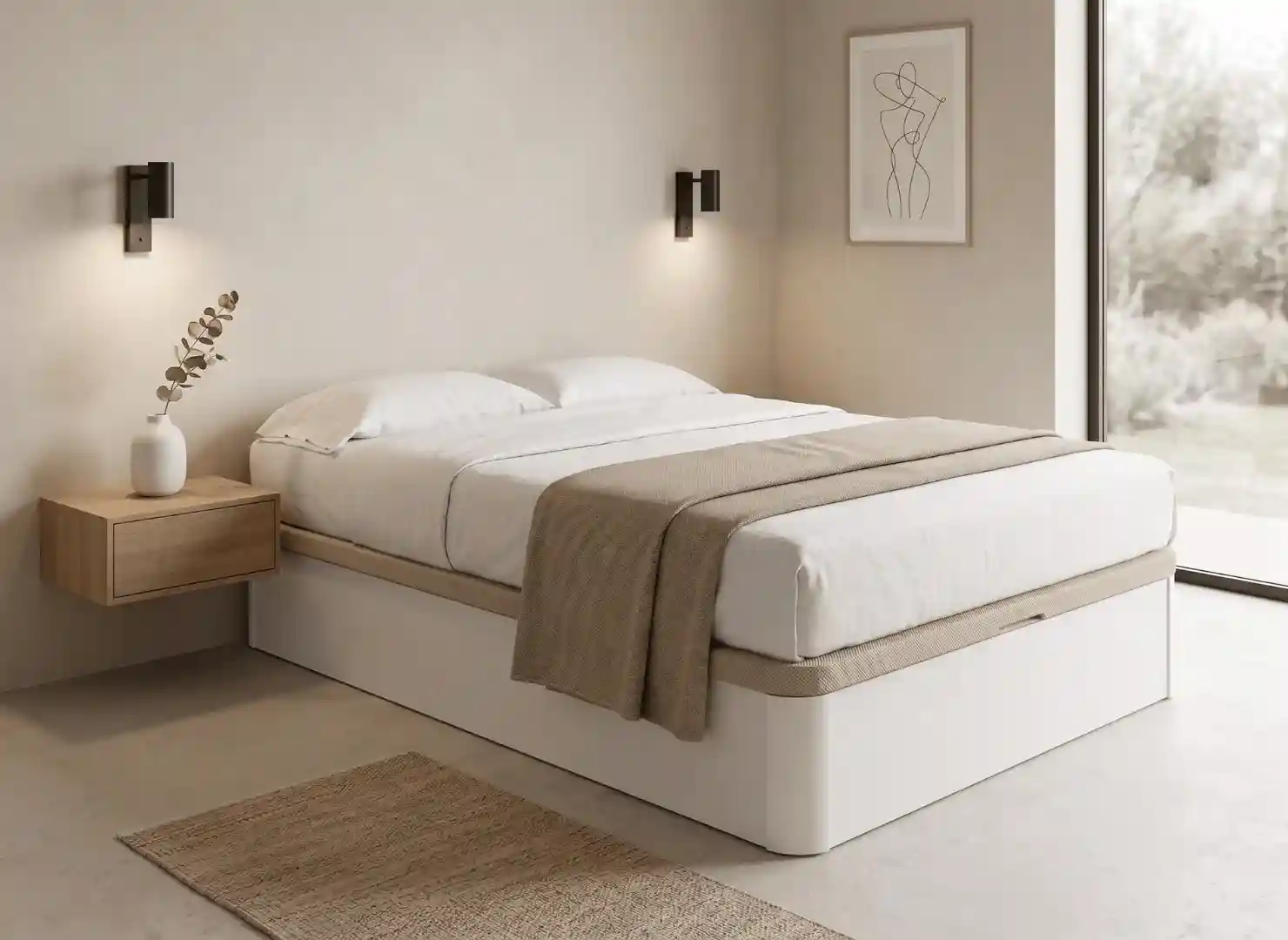 Canapé abatible económico Guadiana en habitación minimalista con entrada de luz natural, cuadro decorativo y mesita de noche