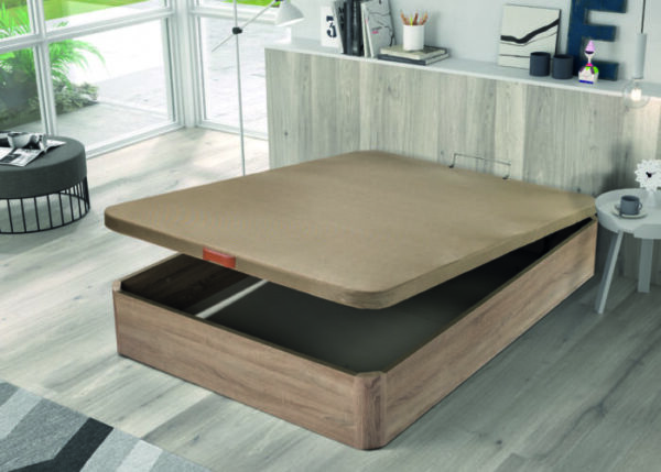 Canapé abatible de madera con gran capacidad, diseño moderno, esquinas redondeadas e instalación incluida. Orden y estilo en tu dormitorio.