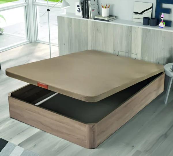 Canapé abatible de madera con gran capacidad, diseño moderno, esquinas redondeadas e instalación incluida. Orden y estilo en tu dormitorio.
