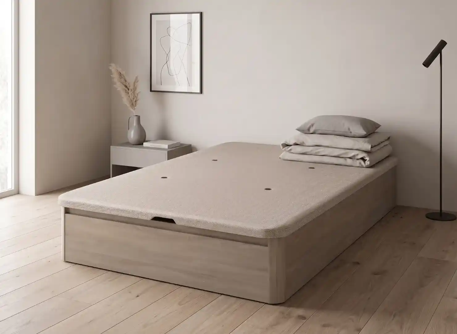 canapé abatible antihumedad Esla en habitación moderna minimalista con mesita de noche y piso de madera