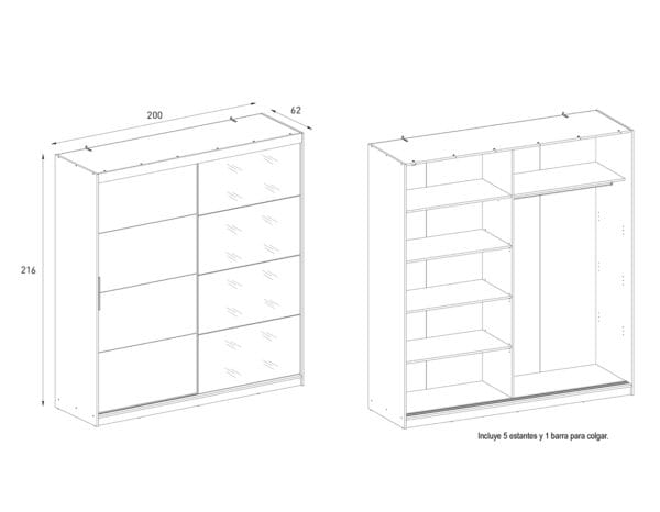 Armario de gran capacidad Inova 2 Puertas Correderas con espejo - Imagen 4