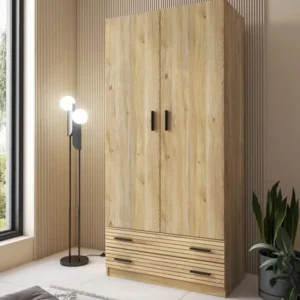 Armario Rapid de 2 puertas y 2 cajones en color Mauvella con detalles a rayas, ideal para dormitorios compactos.