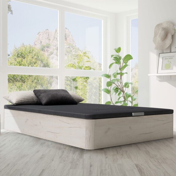 Canapé abatible Danubio con tapa reforzada, aireadores, altura de 34 cm y gran capacidad. Almacenaje elegante y práctico para tu dormitorio. ¡MONTAJE INCLUIDO!