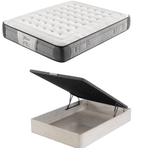 Pack de canapé abatible Danubio de madera abierto mostrando su interior con el colchón Nubora encima, en un dormitorio moderno.