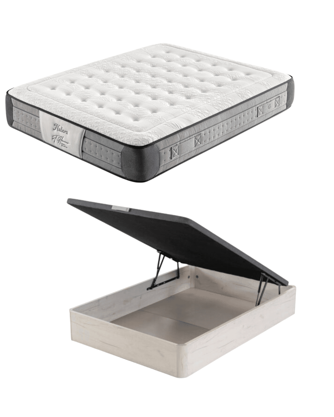 Pack de canapé abatible Danubio de madera abierto mostrando su interior con el colchón Nubora encima, en un dormitorio moderno.