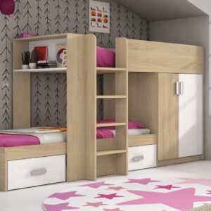 Cama tren Donald juvenil con armario y cajones, ideal para habitaciones de niños.