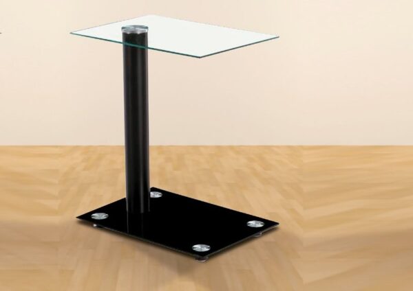 Mesa auxiliar Ródano con tapa de cristal templado y base de cristal negro, ideal para cualquier espacio.