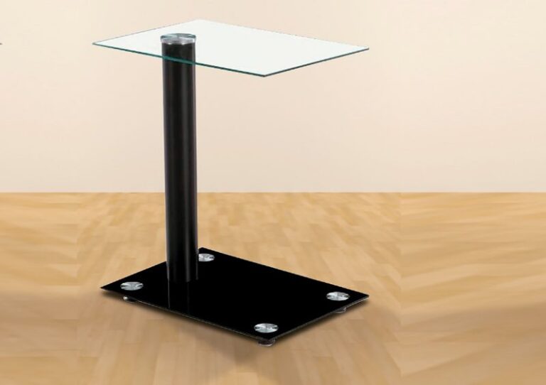 Mesa auxiliar Ródano con tapa de cristal templado y base de cristal negro, ideal para cualquier espacio.