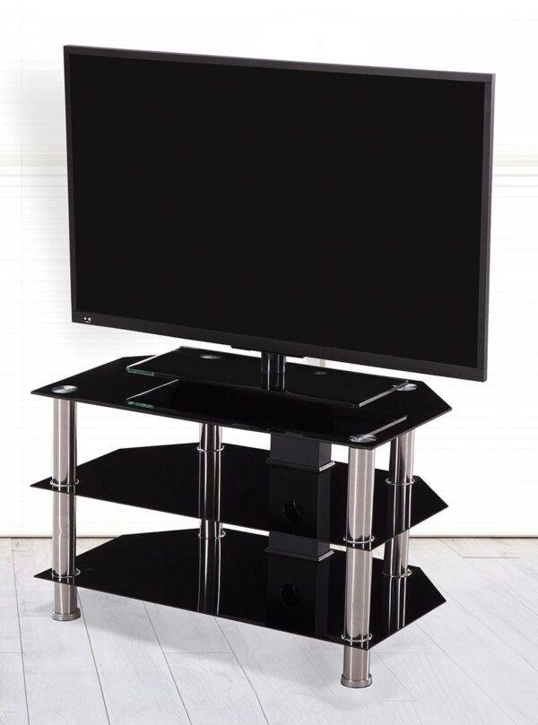 Mesa TV Manchester con tablero de cristal templado y patas de acero inoxidable.