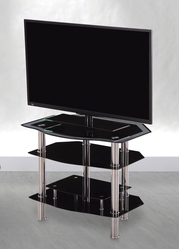 Mesa TV Liverpool con tapa de cristal templado y patas de acero inoxidable.