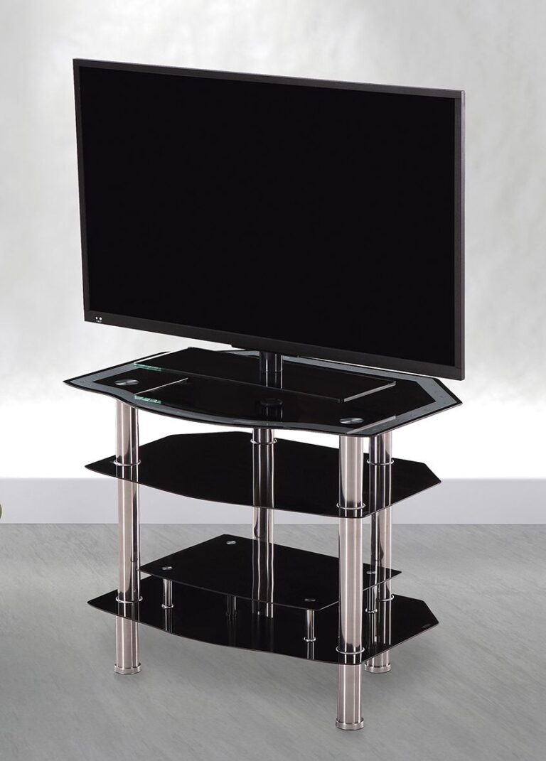 Mesa TV Liverpool con tapa de cristal templado y patas de acero inoxidable.
