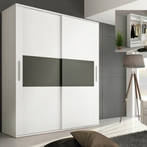 Armario Cabra de dos puertas correderas en color blanco con una franja central en tono grafito, instalado en un dormitorio moderno.