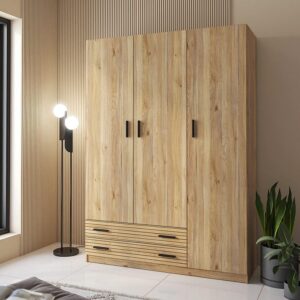 Armario de 3 puertas y 2 cajones modelo Rapid con un diseño moderno, mostrado en un dormitorio luminoso.