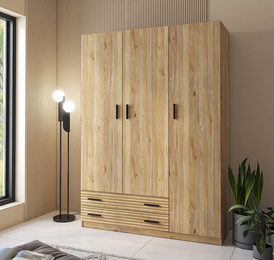 Armario de 3 puertas y 2 cajones modelo Rapid con un diseño moderno, mostrado en un dormitorio luminoso.