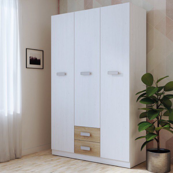 Armario 3 puertas Donald de diseño moderno con tiradores únicos, mostrado en un dormitorio decorado.