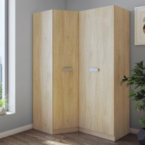 Armario Rincón Donald de melamina de primera calidad instalado en la esquina de una habitación, mostrando su distribución interior con estantes y cajonera.
