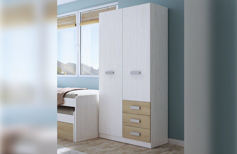 Armario juvenil Donald de 2 puertas y 3 cajones en acabado andersen-grafito en un dormitorio moderno.