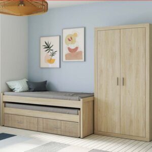 Armario juvenil Lara de dos puertas en elegante acabado color Puccini Textil, ideal para organizar una habitación infantil o juvenil.