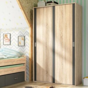 Armario juvenil Lara con dos puertas correderas en acabado cambria, ideal para dormitorios modernos.