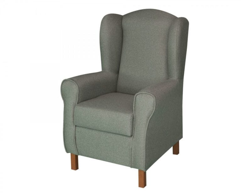 Butaca fija Altea tapizada en microfibra con estructura de pino y patas de haya en color cerezo.