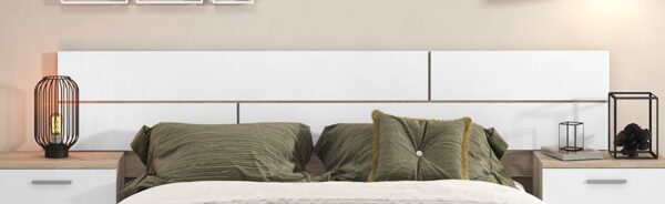 Cabecero de matrimonio Monika de 220 cm con un elegante diseño moderno en acabado Andersen pino-gris.