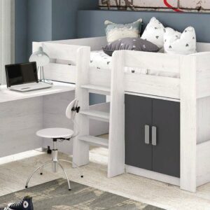 Cama block con mesa de estudio Donald en color blanco y madera, con armario de dos puertas y escritorio integrado en una habitación juvenil.