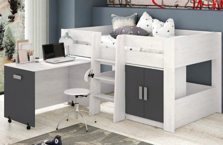 Cama block con mesa de estudio Donald en color blanco y madera, con armario de dos puertas y escritorio integrado en una habitación juvenil.