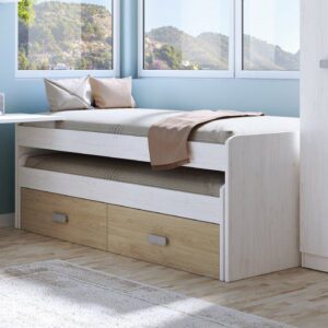Cama compacta con cajonera Donald de estilo moderno en una habitación juvenil, mostrando la cama inferior extraída y los dos cajones de almacenamiento.