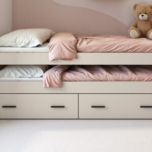 Cama compacto con cajonera Aura en color Beige y Mauvella con los cajones abiertos mostrando su capacidad de almacenamiento en una habitación juvenil.