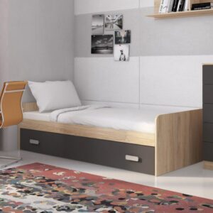 Cama nido con frontal Donald en color Andersen-Puccini en una habitación juvenil, mostrando la cama inferior extraíble.