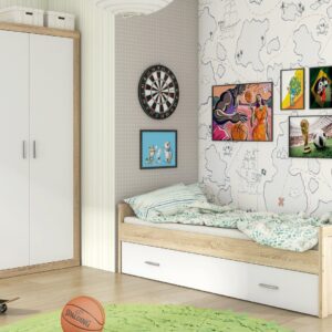 Cama nido Lara en color cambria-blanco con la cama inferior extraída en un dormitorio juvenil moderno.