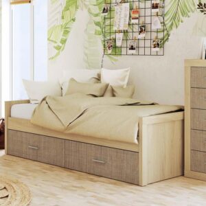 Cama nido Lara con 2 cajones en color puccini-textil en una habitación juvenil ordenada y moderna.