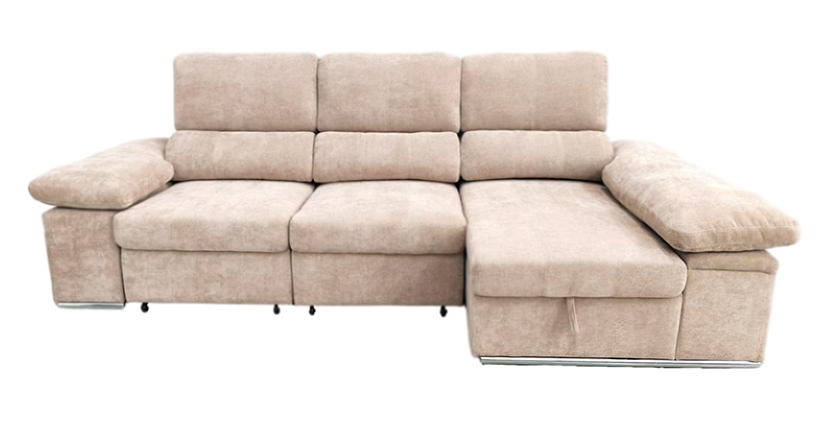 Chaise longue convertible Nadia con arcón y tapizado resistente, ideal para salón moderno.