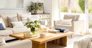 Salón moderno y luminoso con mesa de centro de madera, ideal para comprar muebles a plazos con Cetelem y decorar tu hogar con estilo natural.