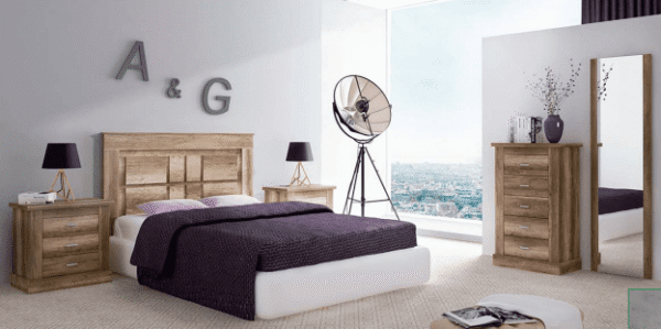 Conjunto de dormitorio de matrimonio completo Chellén 11 en acabado color cañón, compuesto por cabecero, dos mesitas y sinfonier.