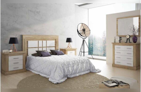Conjunto de dormitorio de matrimonio completo Chellén 12 en acabado Cambria y blanco, con cabecero, dos mesitas, cómoda y espejo.
