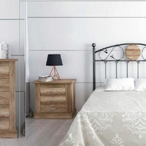 Conjunto de dormitorio de matrimonio completo Chellén 13 en color cañón con cabecero de forja, dos mesitas, sinfonier y espejo.