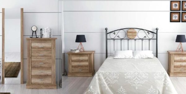 Conjunto de dormitorio de matrimonio completo Chellén 13 en color cañón con cabecero de forja, dos mesitas, sinfonier y espejo.