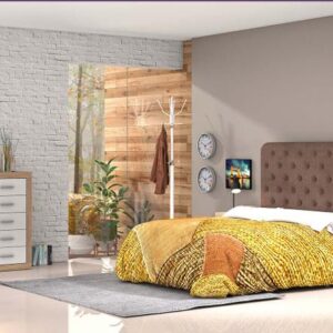 Conjunto de dormitorio de matrimonio completo Lara 30 en acabado cambrian-blanco con cabecero tapizado, sinfonier y mesitas.