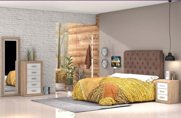 Conjunto de dormitorio de matrimonio completo Lara 30 en acabado cambrian-blanco con cabecero tapizado, sinfonier y mesitas.
