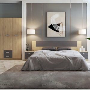 Conjunto de dormitorio de matrimonio completo modelo Donald en un ambiente moderno, con cabecero, dos mesitas de noche y armario de tres puertas.