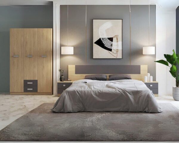 Conjunto de dormitorio de matrimonio completo modelo Donald en un ambiente moderno, con cabecero, dos mesitas de noche y armario de tres puertas.