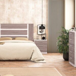 Conjunto de dormitorio de matrimonio completo Monika 02 en color pino andersen y gris instalado en una habitación luminosa.