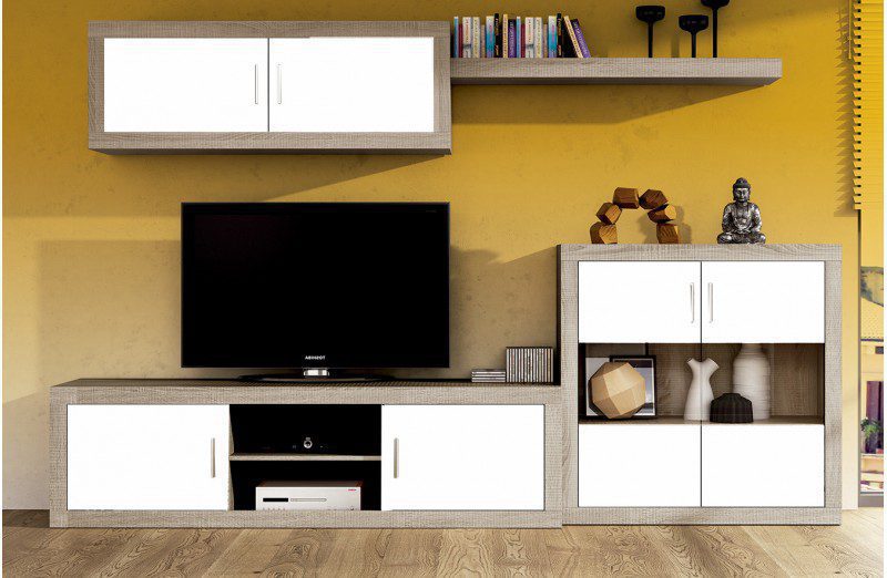 Moderno conjunto de muebles de salón Lara 07 con cuatro módulos, ofreciendo amplio espacio de almacenaje con un elegante acabado en cambria-blanco.