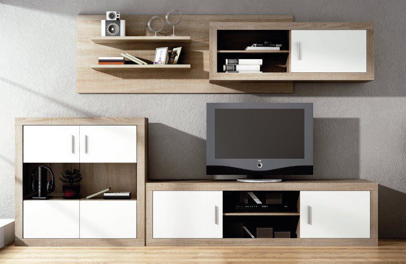 Imagen del conjunto de muebles de salón Lara 08 en acabado Cambria-Blanco, mostrando el mueble de TV, el bodeguero y los estantes.