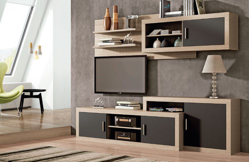 El conjunto de muebles de salón Lara 02 presenta un diseño moderno y asimétrico con acabado en madera Cambria y Grafito.