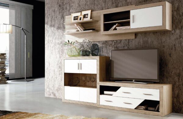 El conjunto de salón completo Lara 03 de estilo moderno, con un diseño modular en acabado madera Cambria y blanco.