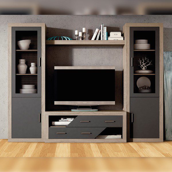 Conjunto de salón completo Lara de estilo moderno y simétrico, acabado en colores Cambria y Grafito con mueble TV y vitrinas.