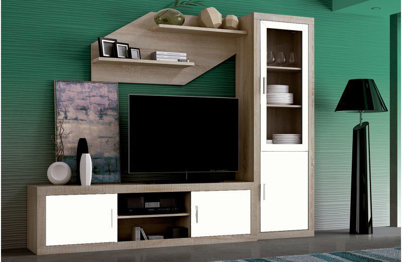Elegante conjunto de salón Lara 04 compuesto por mueble TV, vitrina y estante de pared con acabado madera cambria y grafito.