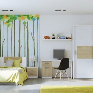 Dormitorio juvenil moderno Donald 04 con armario corredero, mesa de estudio y estantería, ideal para habitaciones juveniles.